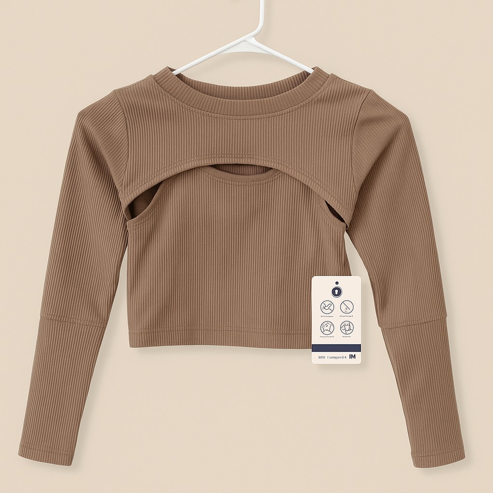 Chic Tan Ribbed Cut-Out Crop Top - Picture 3 of 5